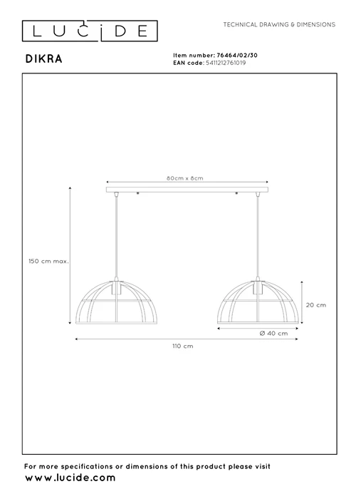 Lucide DIKRA - Hanglamp - 2xE27 - Zwart - technisch